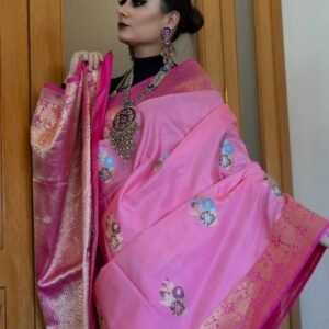 Fuscia pink Nakshi katan silk saree with kadhua multicolored thread motifs Saree
