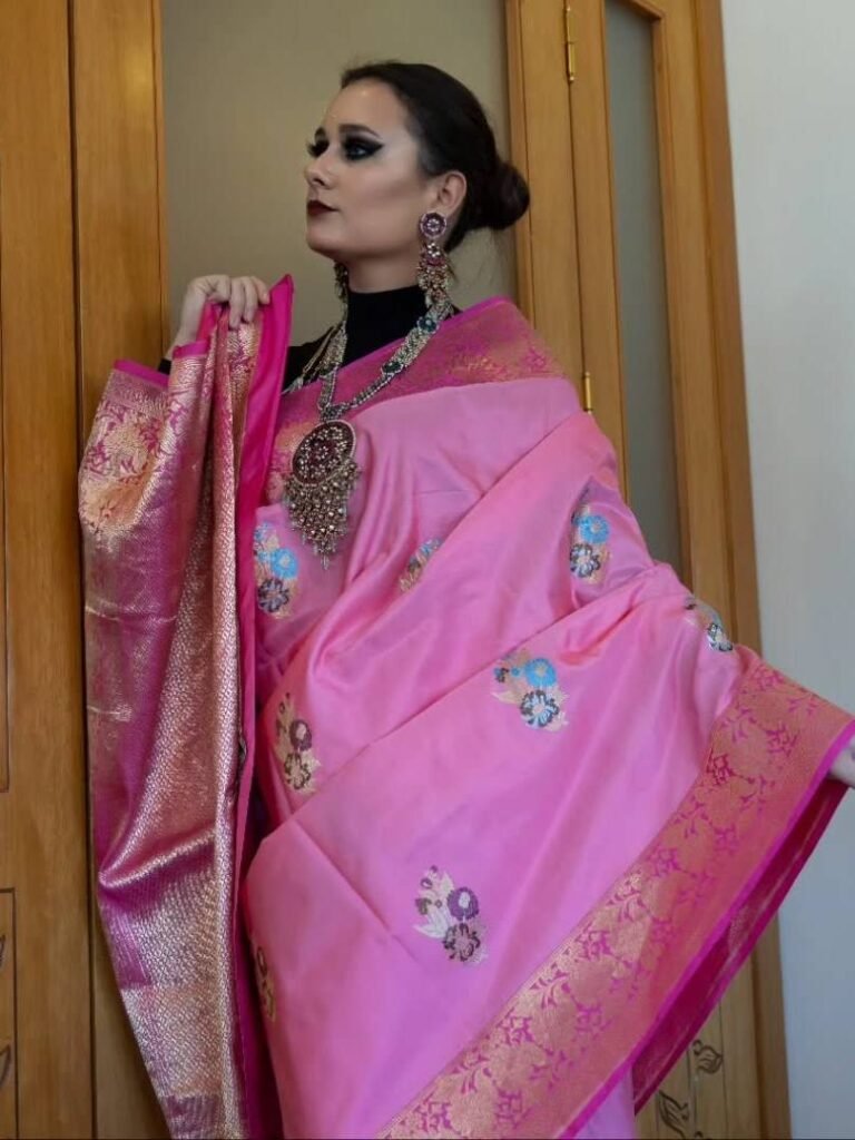 Fuscia pink Nakshi katan silk saree with kadhua multicolored thread motifs Saree
