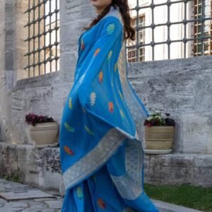 Turquoise katan silk saree
