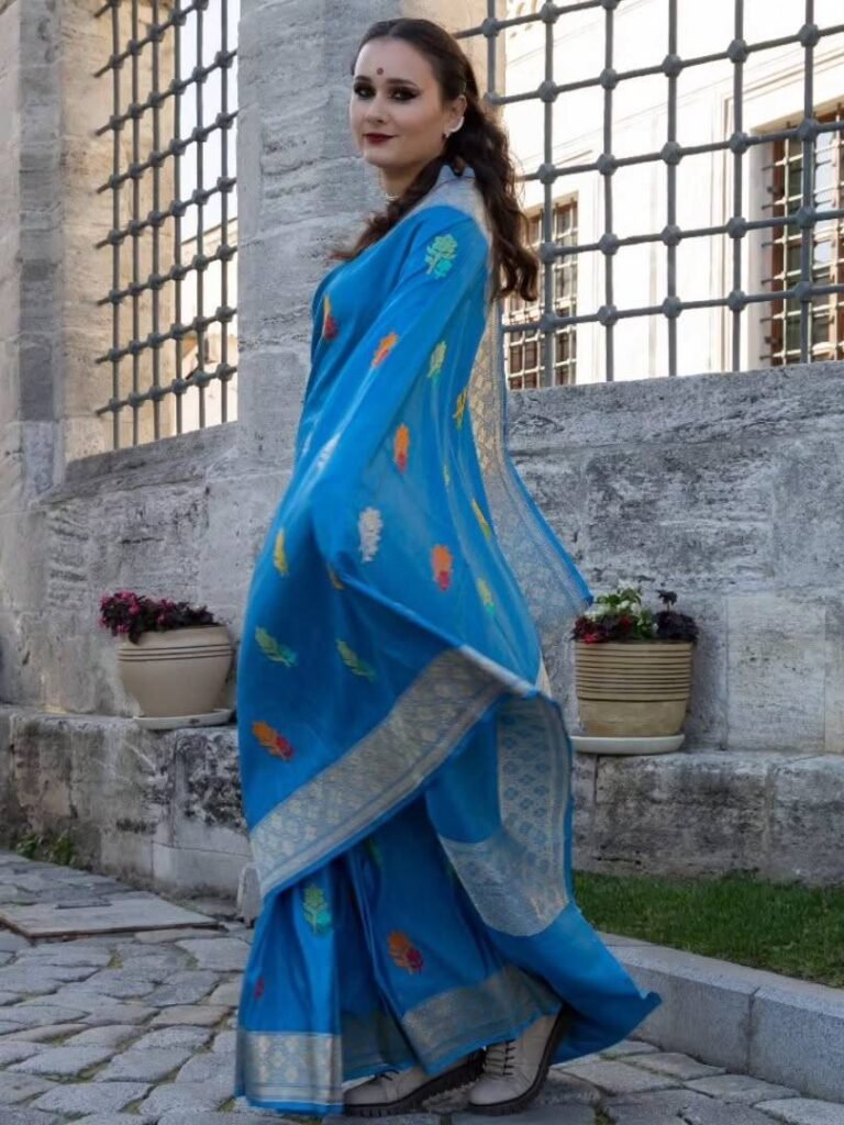 Turquoise katan silk saree