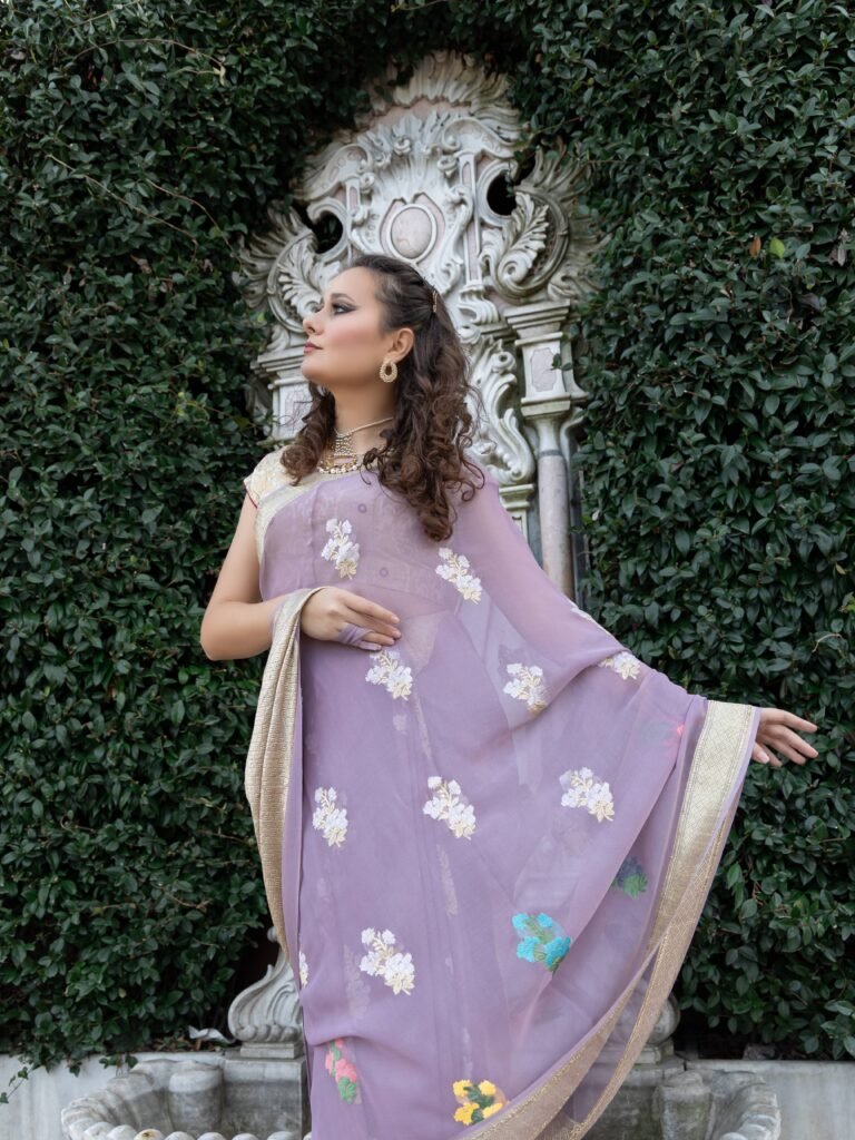 Sari chiffon kadwa zari border with multi kadhua buta