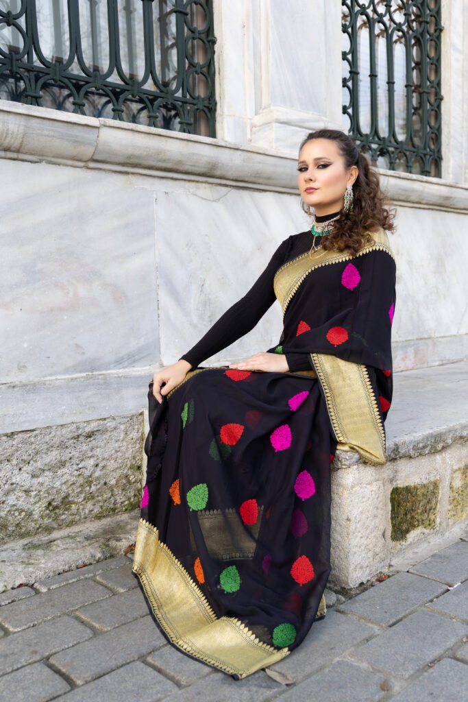 Sari chiffon alphi zari border with multi z colred zari buti