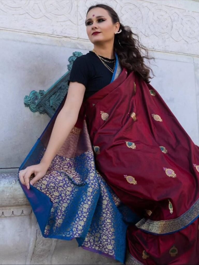 sari silk satin kadhiyal zari border with multi kadhua buta(motifs)