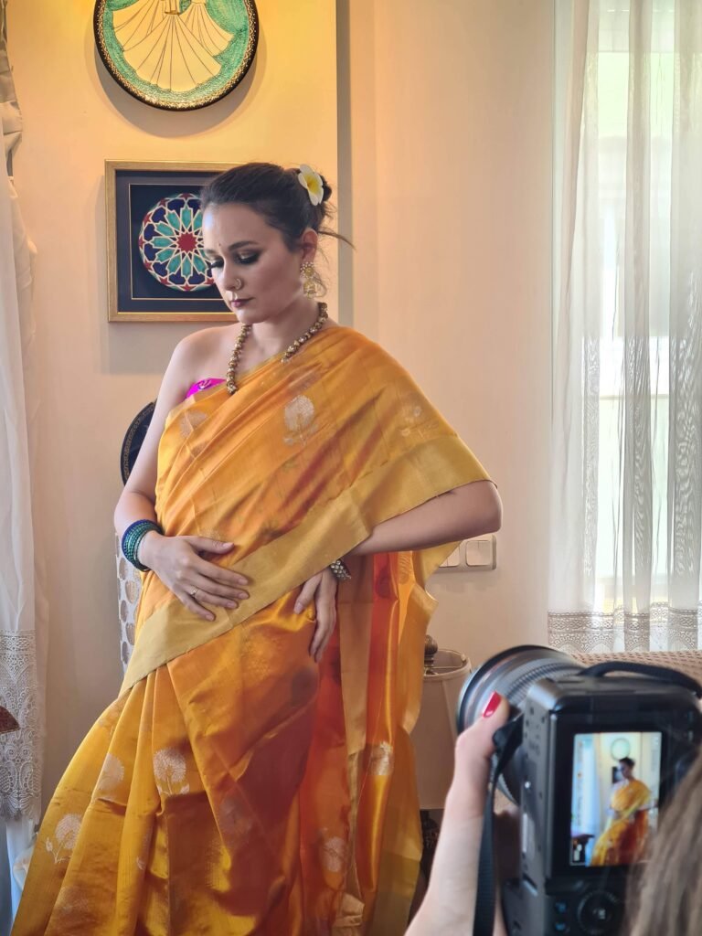 chanderi silk banarasi saree with bird motifs in gold silk threads