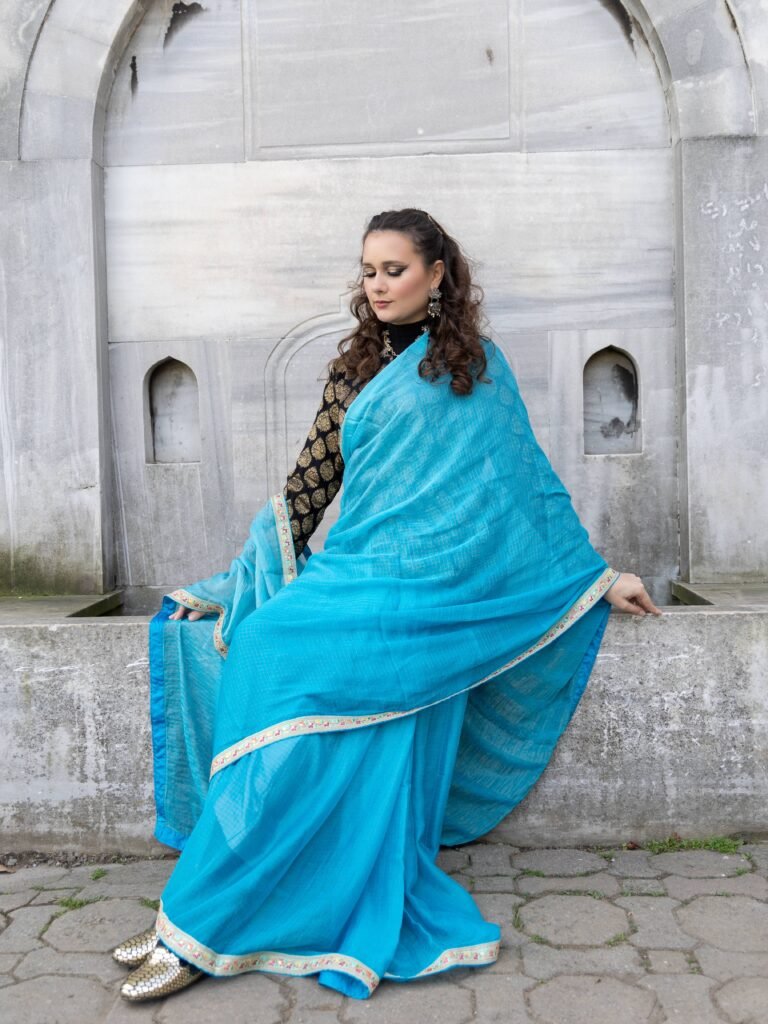 chiffon saree with checks in golden zari embellished with parsi border