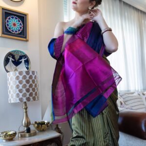 beautifully weaved stripes in purple pink, moss green stripes with blue silk border Saree