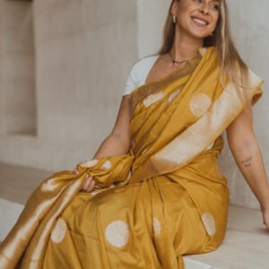 yellow and golden thread Shikargah motifs hand woven saree