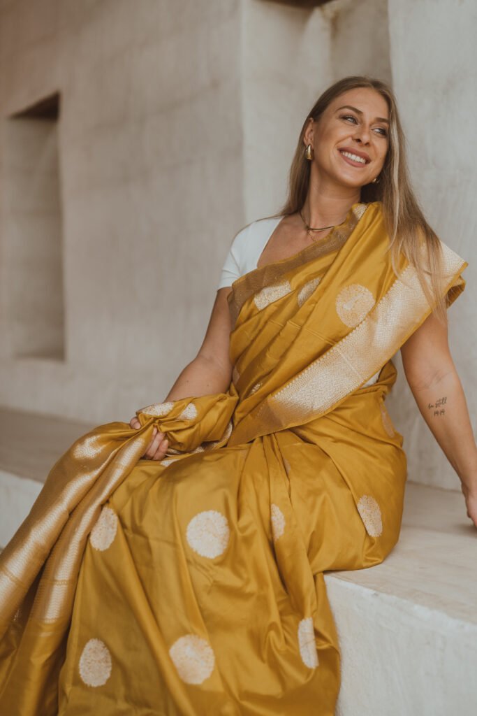 yellow and golden thread Shikargah motifs hand woven saree
