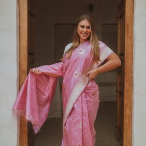 Baby pink silver Shikargah motifs saree