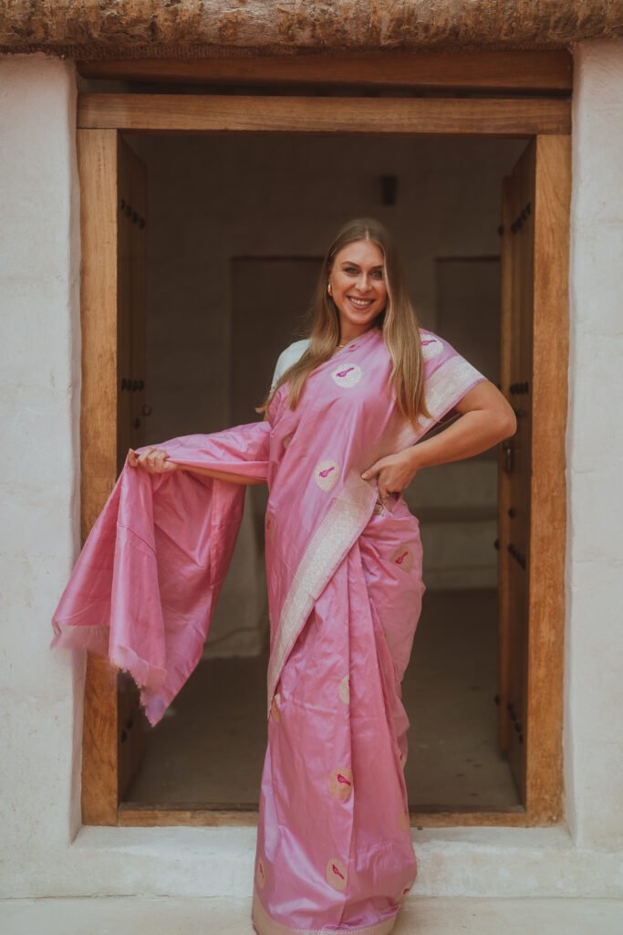 Baby pink silver Shikargah motifs saree
