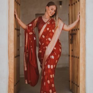 Red and gold Kadhiyal weave and boota (motifs) Sarees