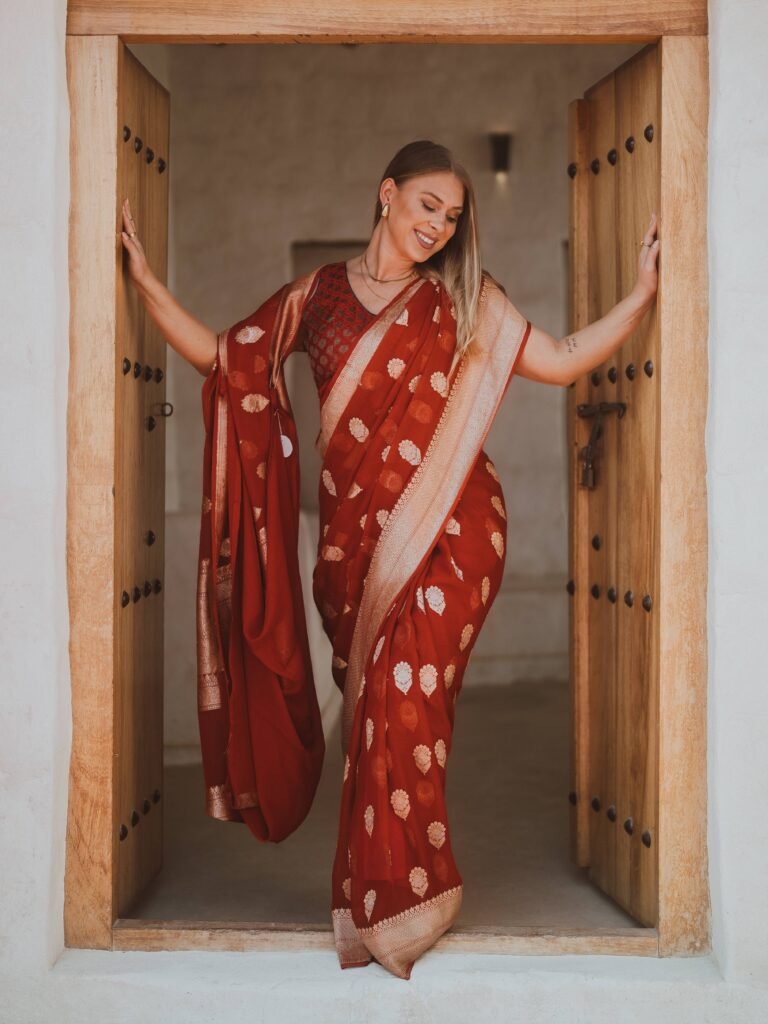 Red and gold Kadhiyal weave and boota (motifs) Sarees
