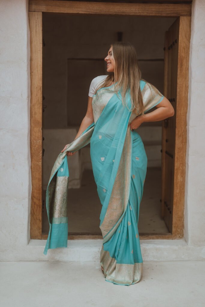 chiffon saree with intricate border with nim zari