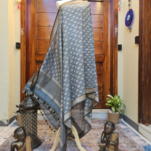 Grey katan silk dupatta with subtle beige motifs