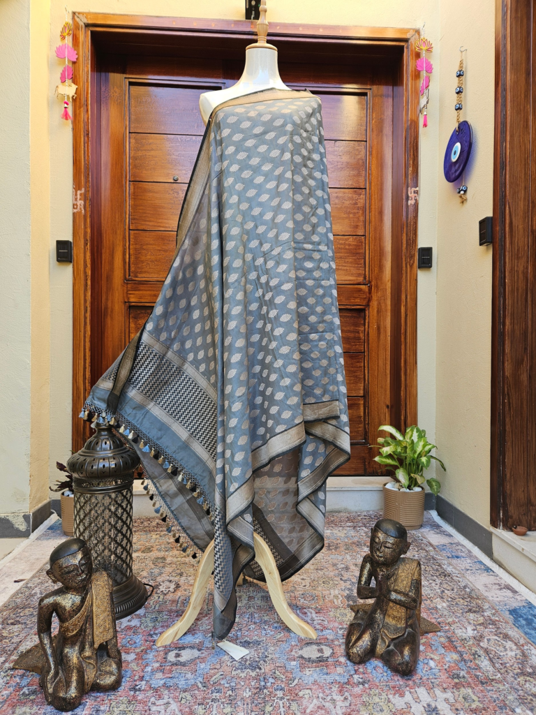 Grey katan silk dupatta with subtle beige motifs
