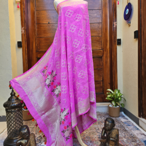 Fuscia pink linen silk dupatta with multicolored motifs and silver pattern in the body