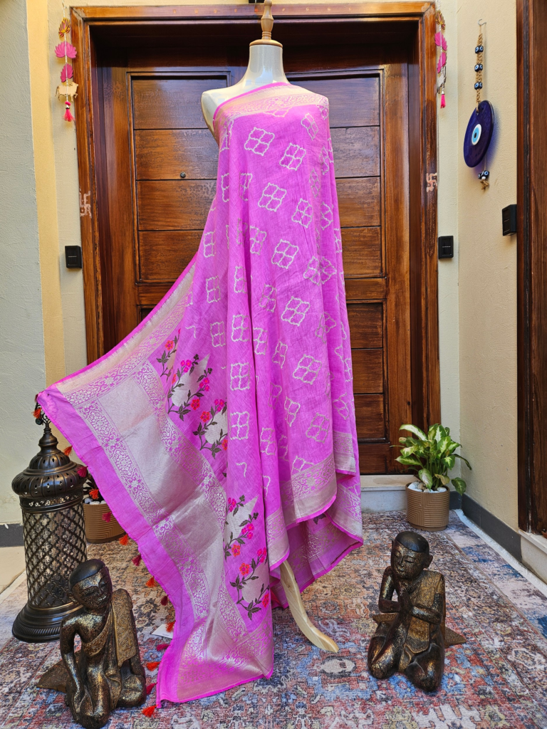 Fuscia pink linen silk dupatta with multicolored motifs and silver pattern in the body