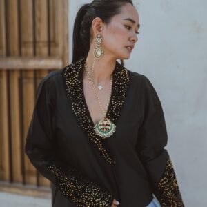 silk jacket with crystal work and silk skirt