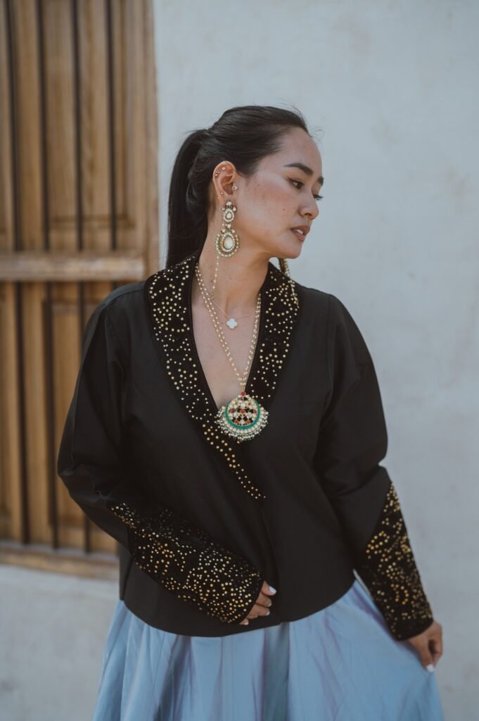 silk jacket with crystal work and silk skirt