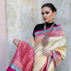 Sari chiffon linen zari border with multi pallu and nimzari buti