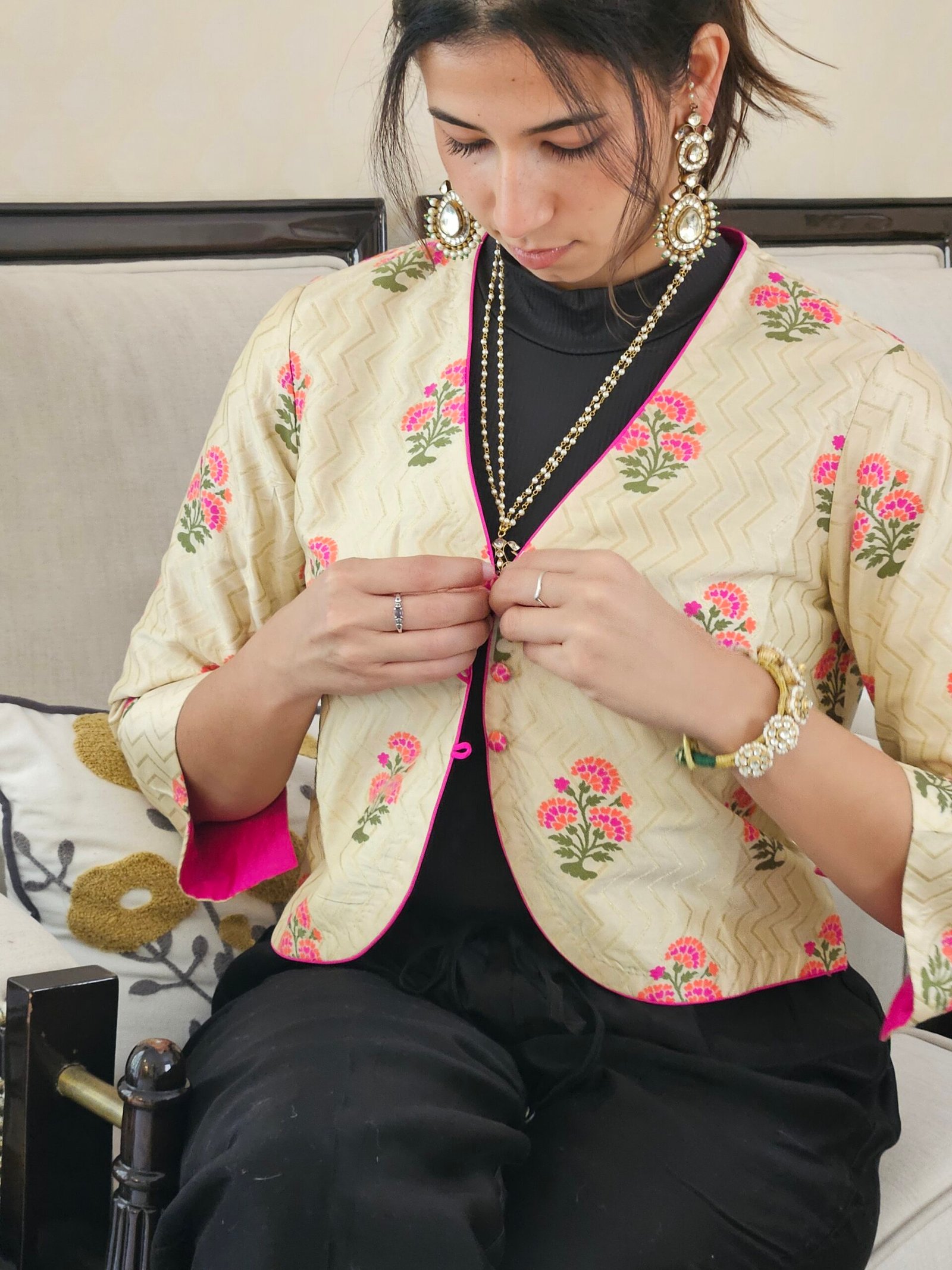 Katan silk pink jacket and cotton trousers