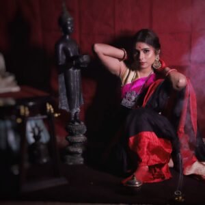 Shikargah motifs in banarasi katan silk with satin border embroidery with figurines motifs.