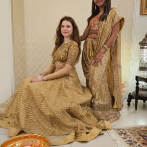 Golden dress with antique gold thread work m sequence work in tissue georgette fabric