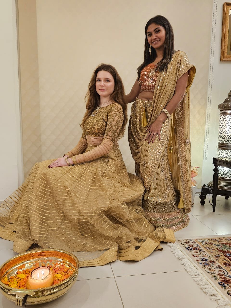 Golden dress with antique gold thread work m sequence work in tissue georgette fabric