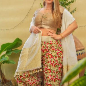Embroidered Pants & Silk Blouse Set + Shawl