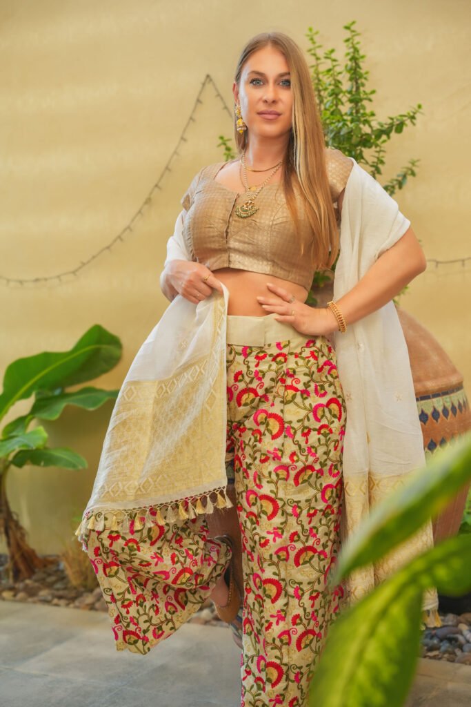 Embroidered Pants & Silk Blouse Set + Shawl