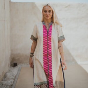Monk Cotton Long Dress With Multicolored Silk Fabric
