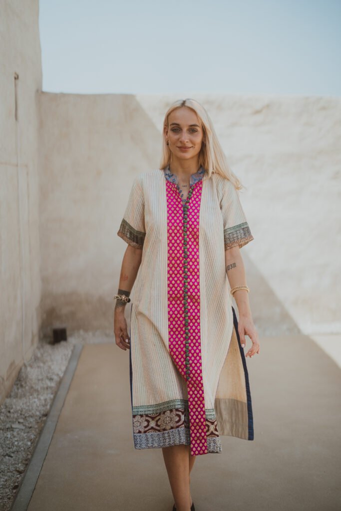 Monk Cotton Long Dress With Multicolored Silk Fabric
