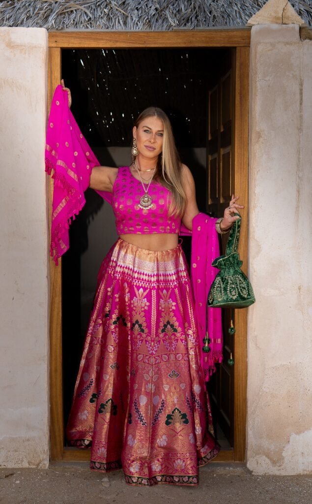 Katan Silk Lehenga with Silk Blouse + Chiffon Shawl