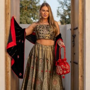 Silk Lehenga with Brocade Corset + Embroidered Velvet Shawl