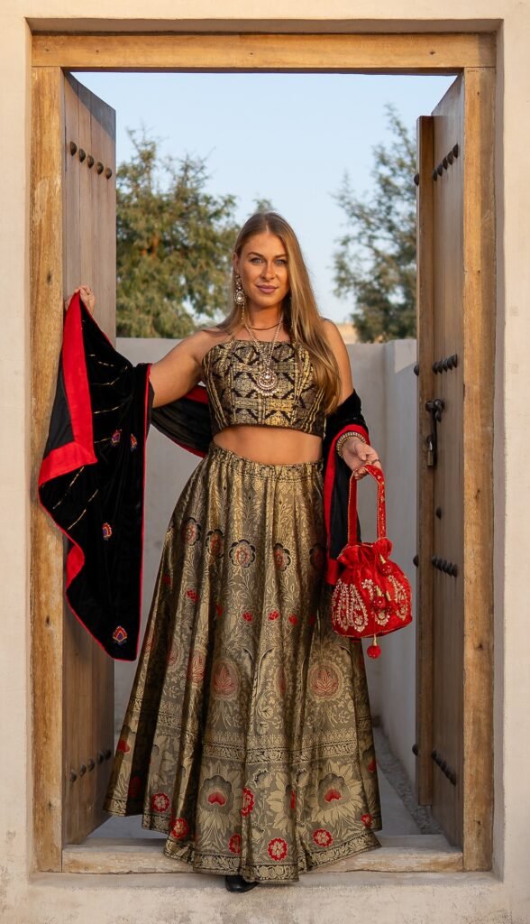 Silk Lehenga with Brocade Corset + Embroidered Velvet Shawl
