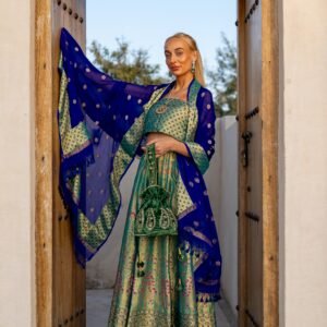 Silk Lehenga with Brocade Corset + Shawl
