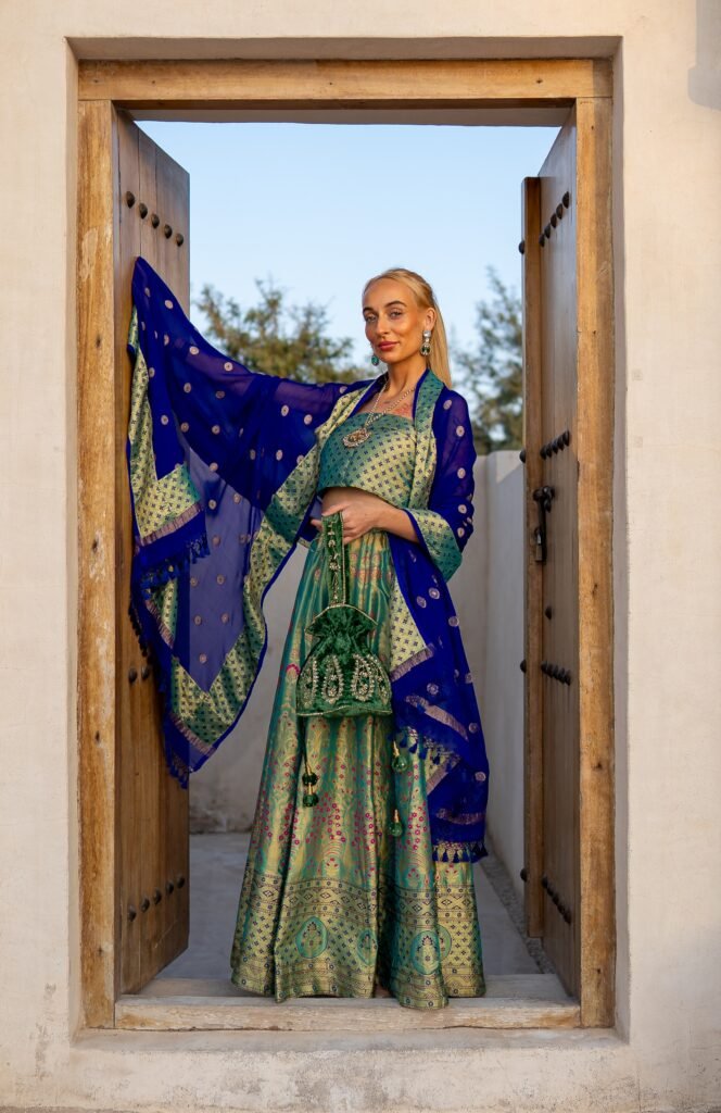 Silk Lehenga with Brocade Corset + Shawl